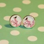 Bird On Cherry Blossom Silver Resin Post Earrings