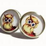 Blue Eyed Owl Resin Post Silver Earrings
