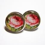 Pink Cabbage Rose Silver Resin Post Earrings
