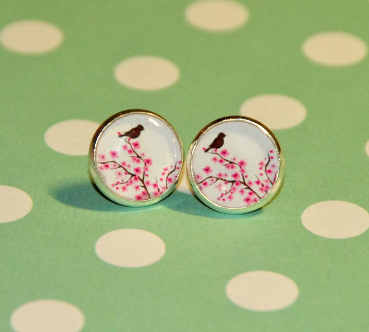 Bird On Cherry Blossom Silver Resin Post Earrings