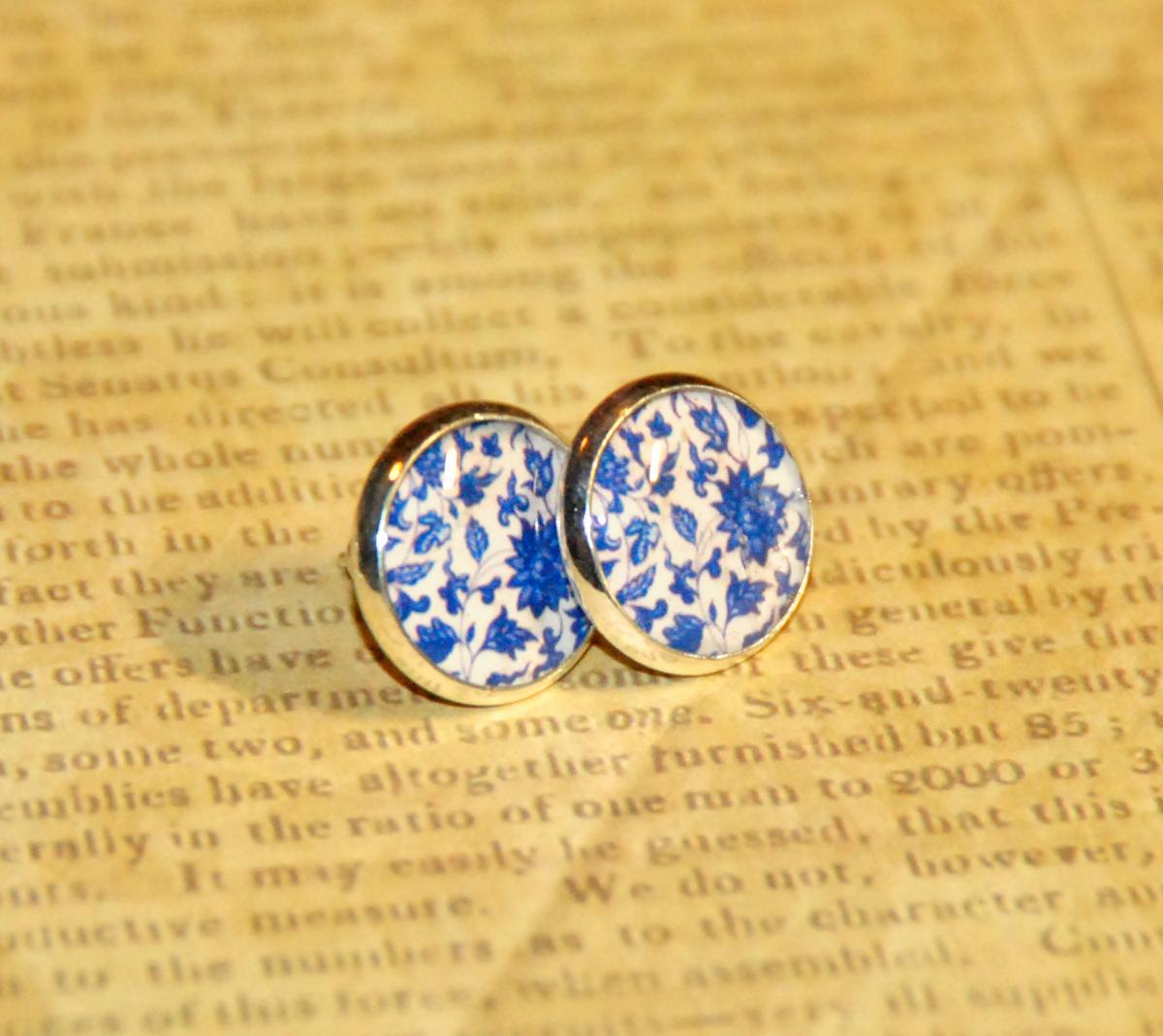 Pretty Blue Floral Silver Resin Post Earrings