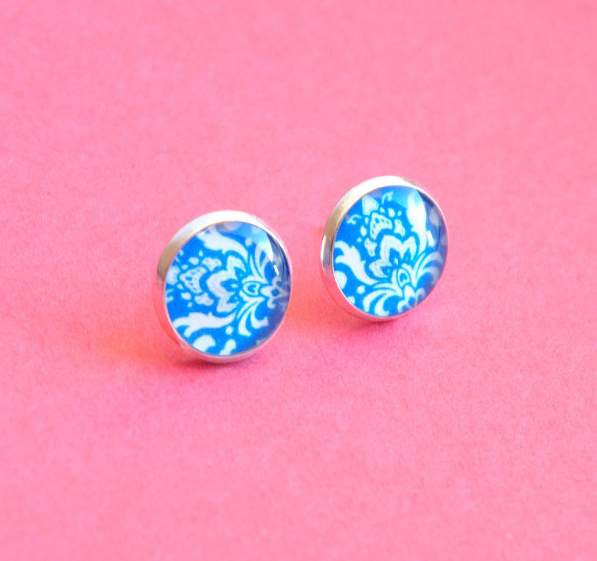 Blue Damask Pattern Resin Post Silver Earrings