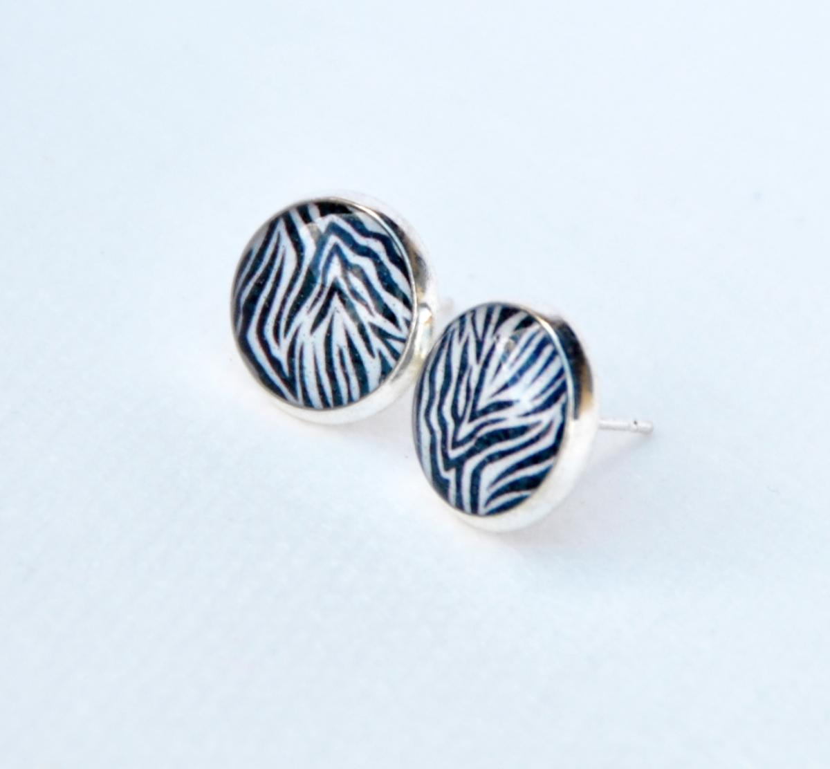Zebra Pattern Resin Post Silver Earrings