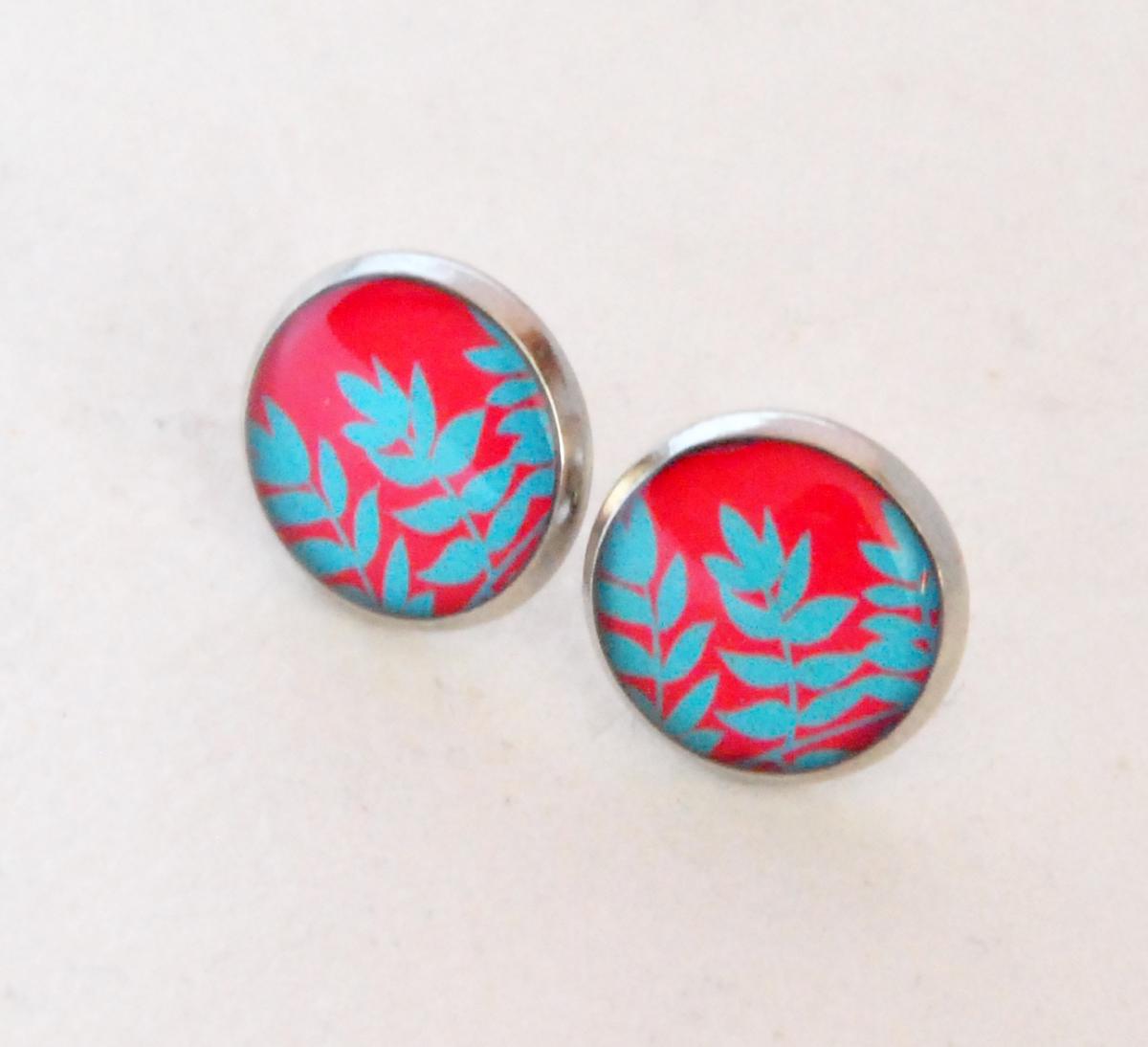 Red And Turquoise Leaves Resin Post Silver Earrings