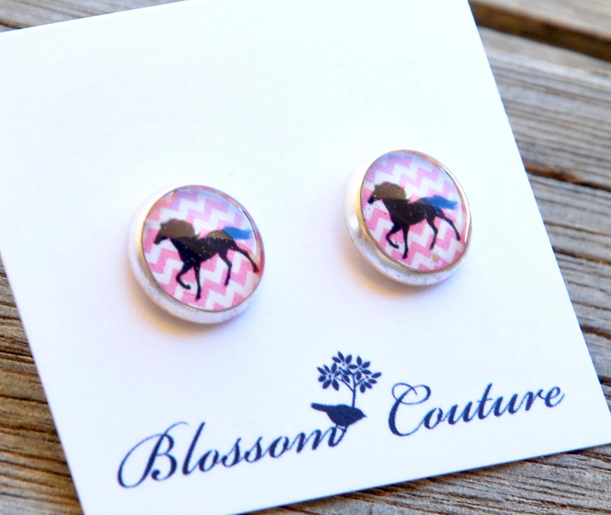 Black Horse On Pink Chevron Post Silver Resin Earrings