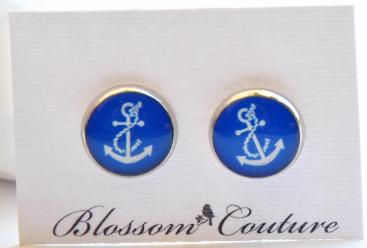 Blue Anchor Resin Post Silver Earrings