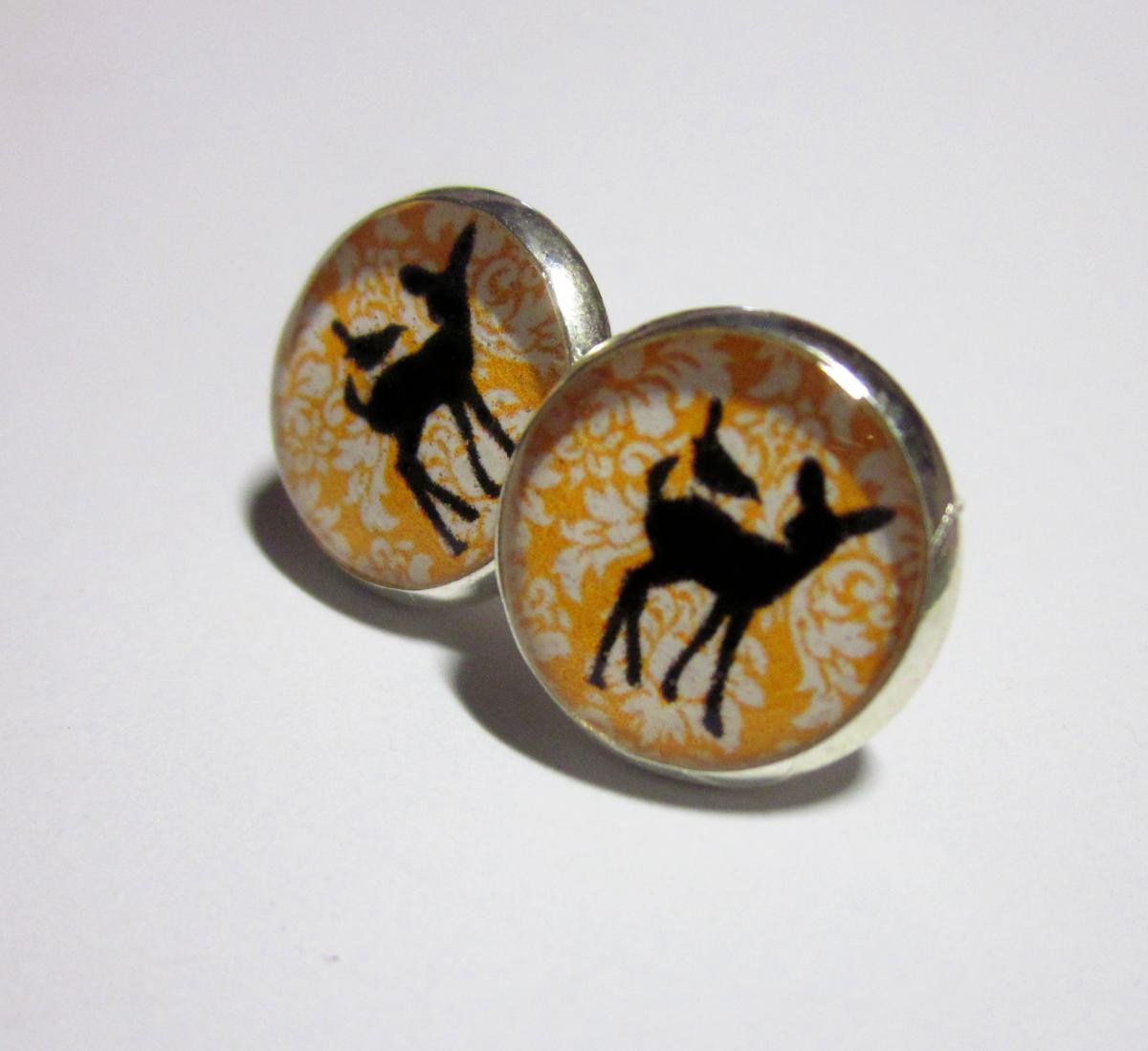 Baby Deer And Bird On Tangerine Damask Pattern Resin Post Silver Earrings