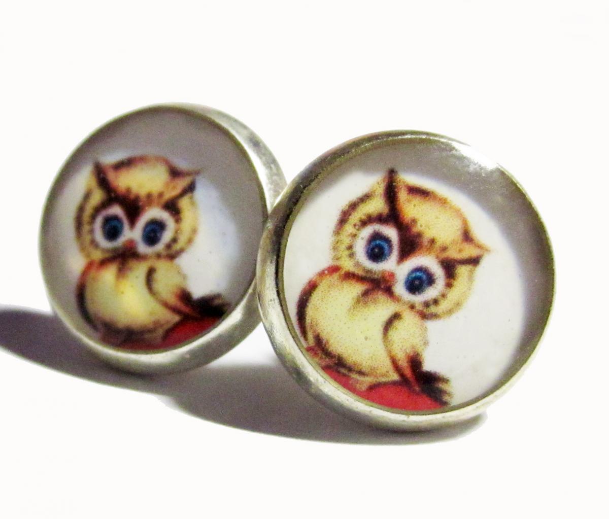 Blue Eyed Owl Resin Post Silver Earrings