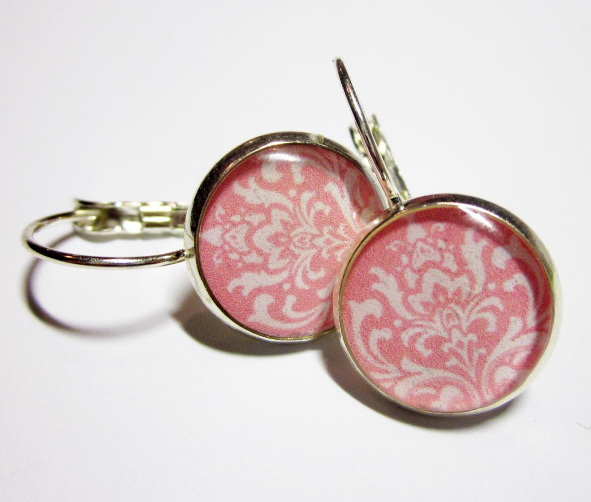 Pink Damask Leverback Silver Resin Earrings