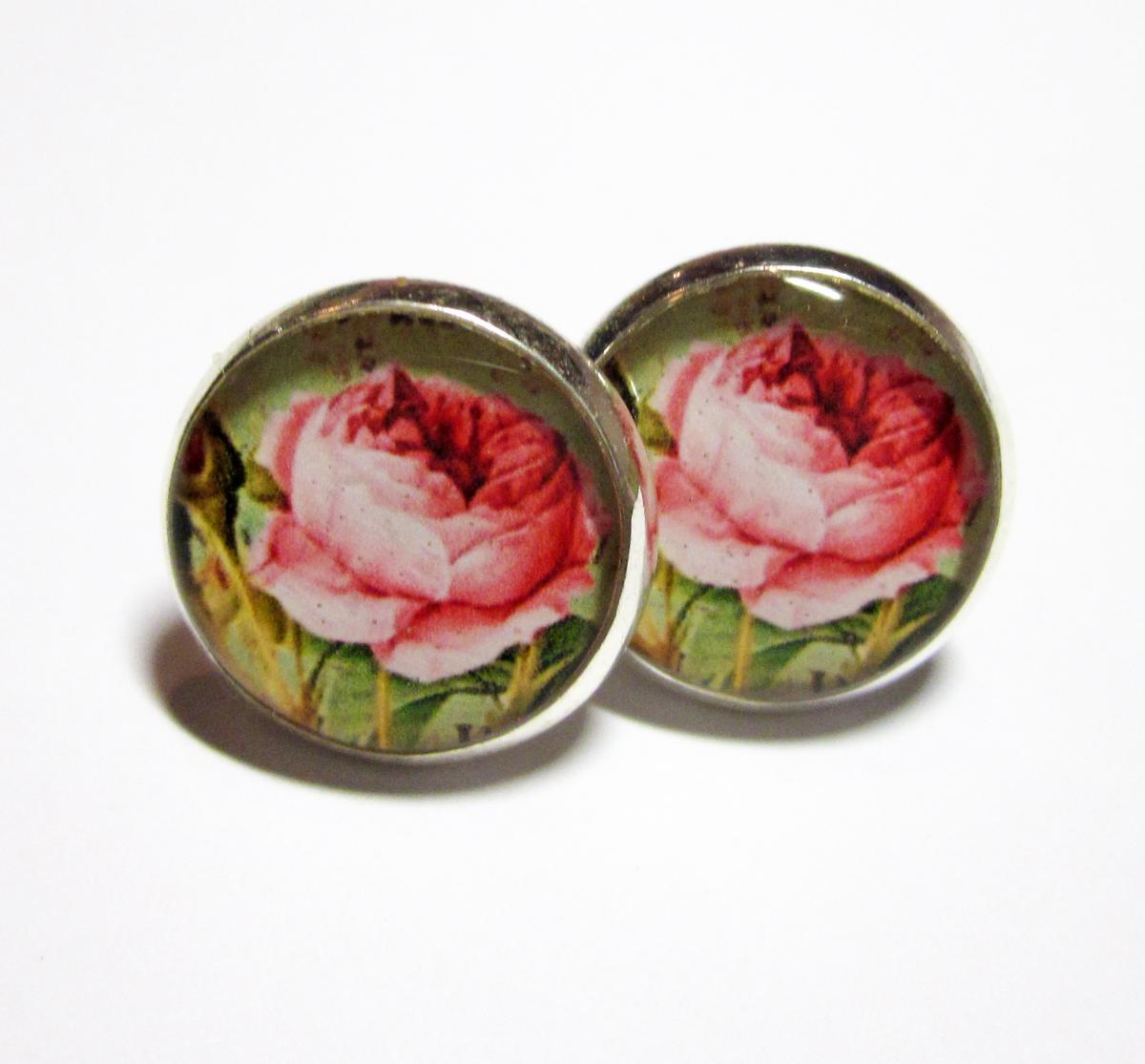 Pink Cabbage Rose Silver Resin Post Earrings