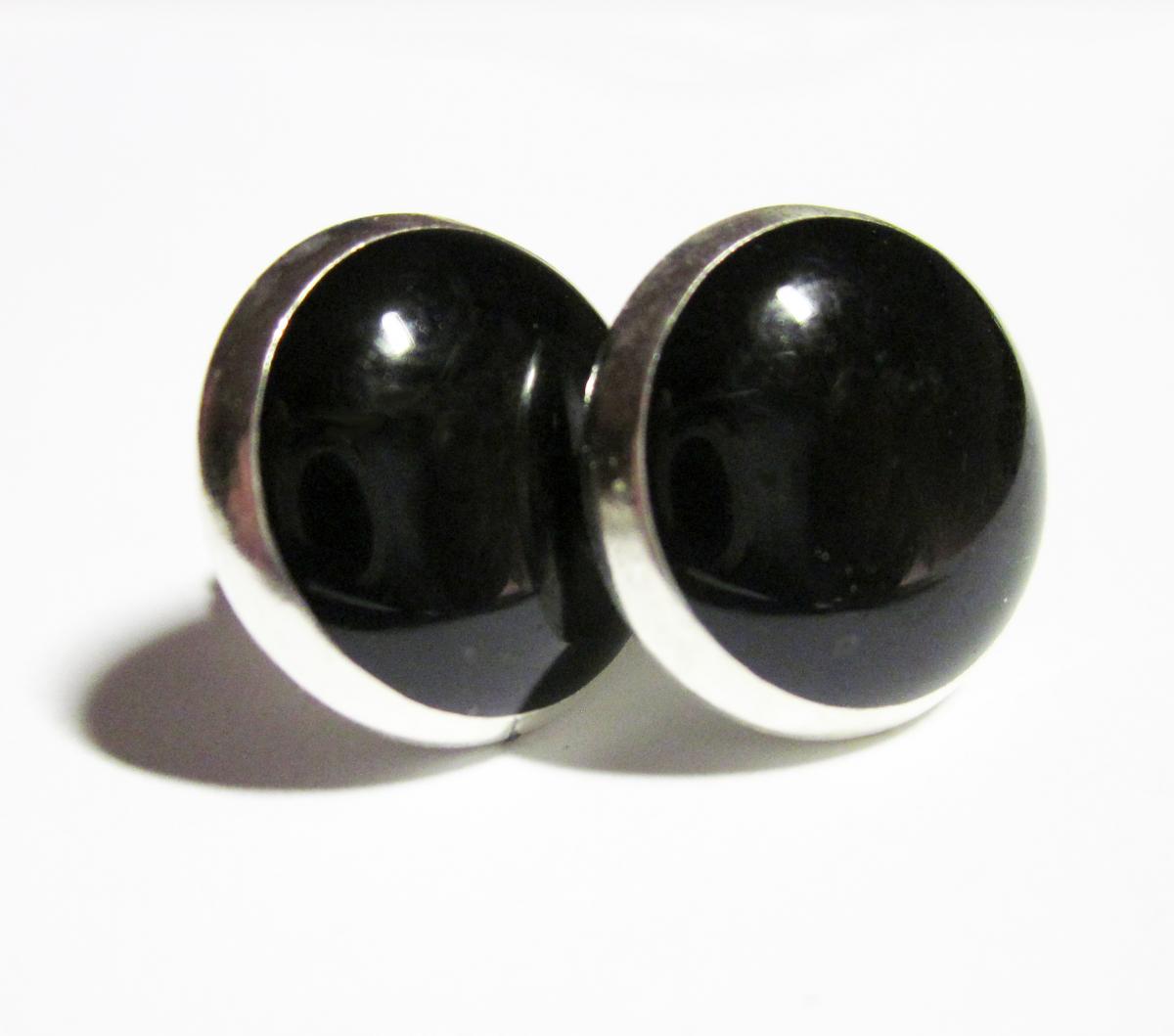 Midnight Black Dot Resin Post Silver Earrings
